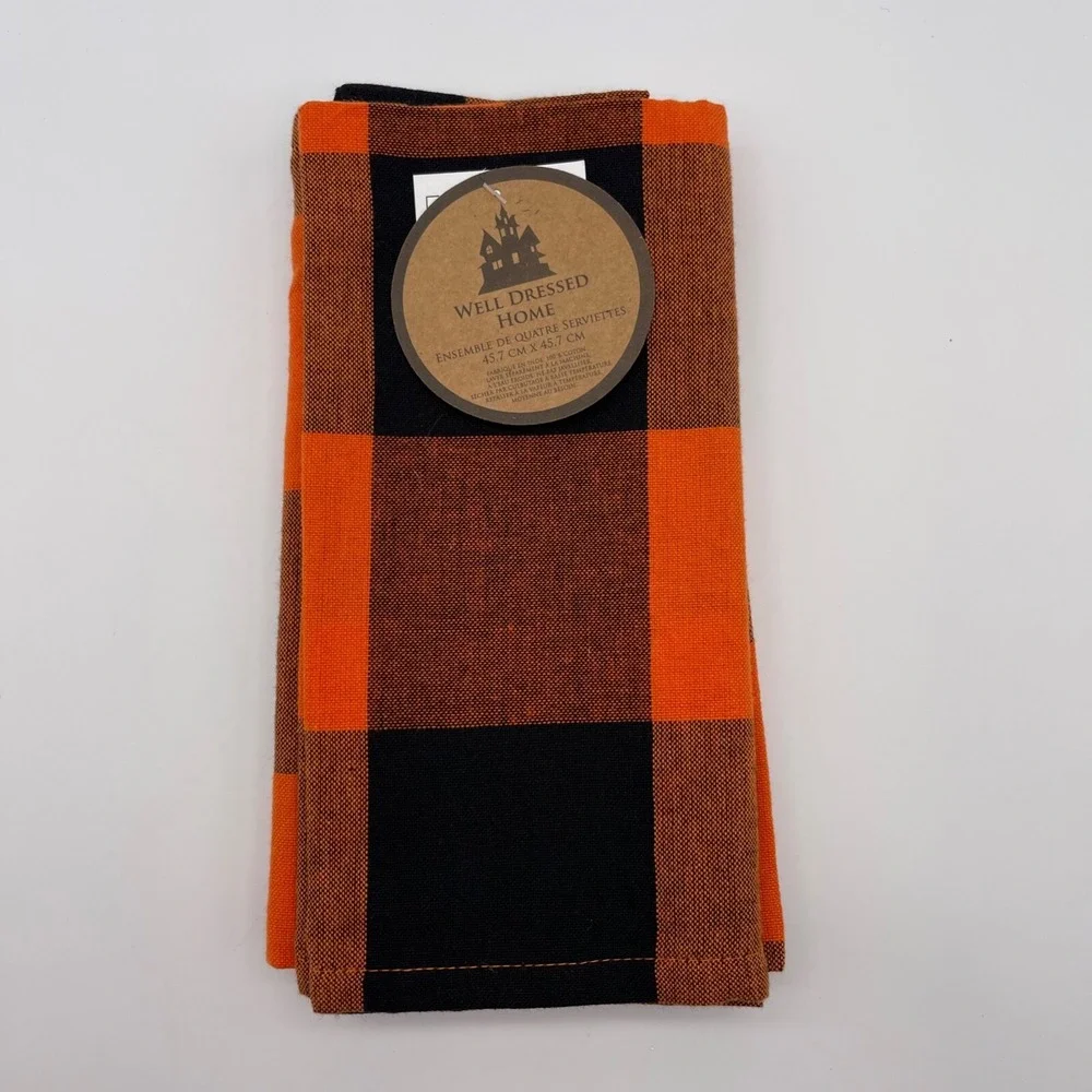 Well Dressed‎ Home Fall Black & Orange Plaid Tablecloth and 12 Napkins Set